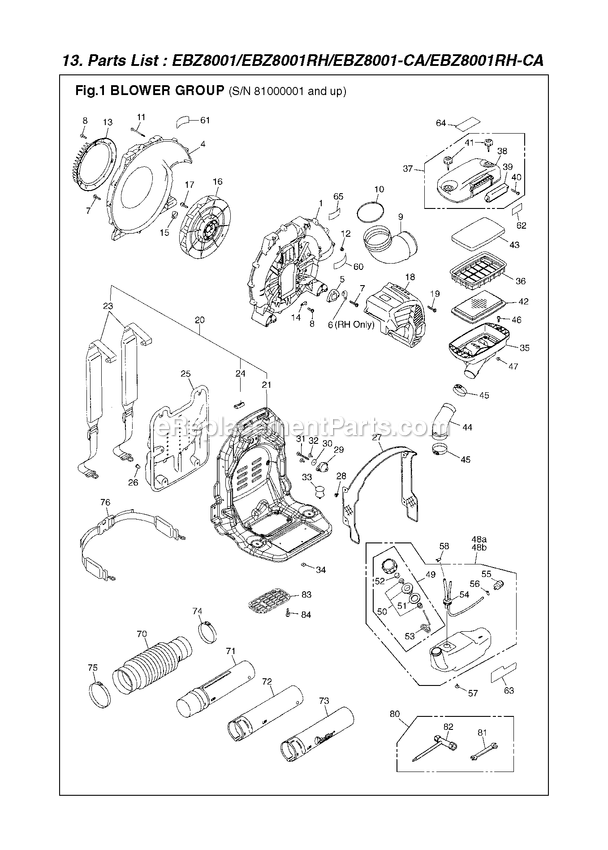 Frame Diagram and Parts List for EBZ8001 81000001 AND UP RedMax Leaf Blower / Vacuum