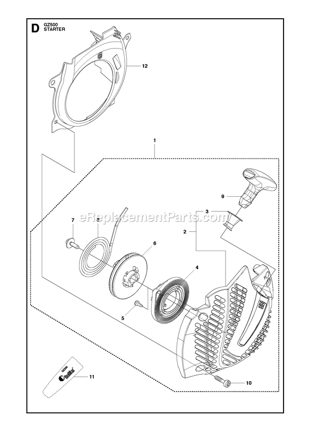 Starter Diagram and Parts List for GZ500  RedMax Chainsaw