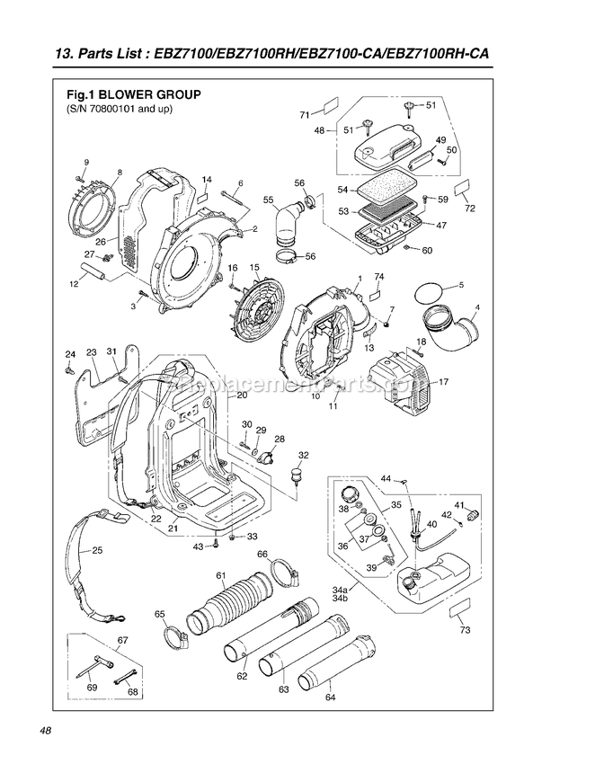 Frame Diagram and Parts List for EBZ7100CA 70800101 AND UP RedMax Leaf Blower / Vacuum