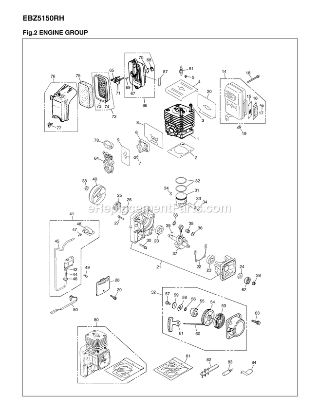 Engine Diagram and Parts List for EBZ5150RH (966358401)(90100101 AND UP)(2012-08) RedMax Leaf Blower / Vacuum