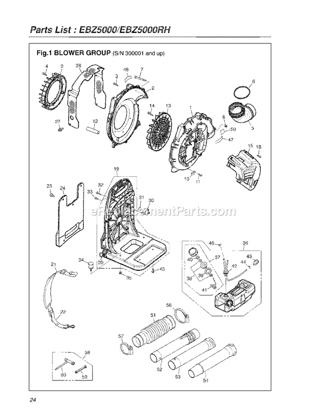 Frame Diagram and Parts List for EBZ5000 300001 - 50099999 RedMax Leaf Blower / Vacuum