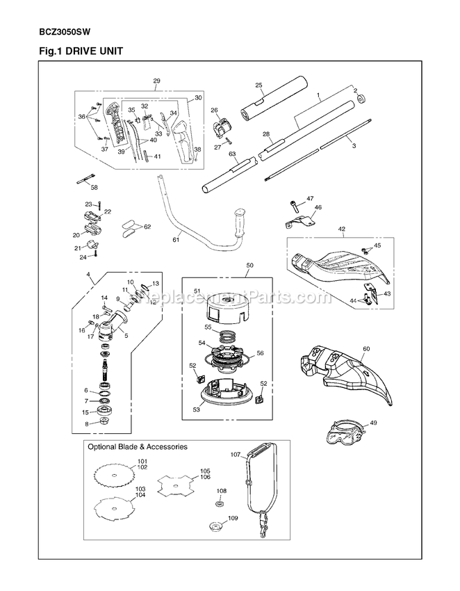 Drive Diagram and Parts List for BCZ3050SW (91000101 AND UP)(2012-08) RedMax Brush Cutter