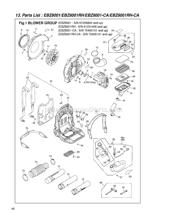 Frame Diagram and Parts List for EBZ8001CA 70400101 - 81000000 RedMax Leaf Blower / Vacuum