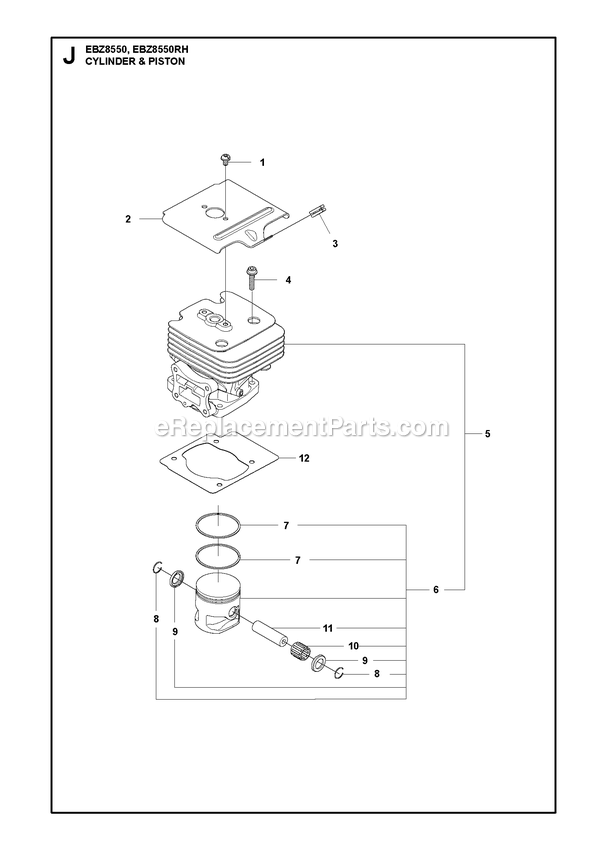 Cylinder Piston Diagram and Parts List for EBZ8550 EBZ8550RH RedMax Leaf Blower / Vacuum