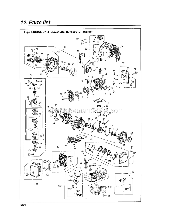 Engine Diagram and Parts List for BCZ2400S 200101 AND UP RedMax Edger