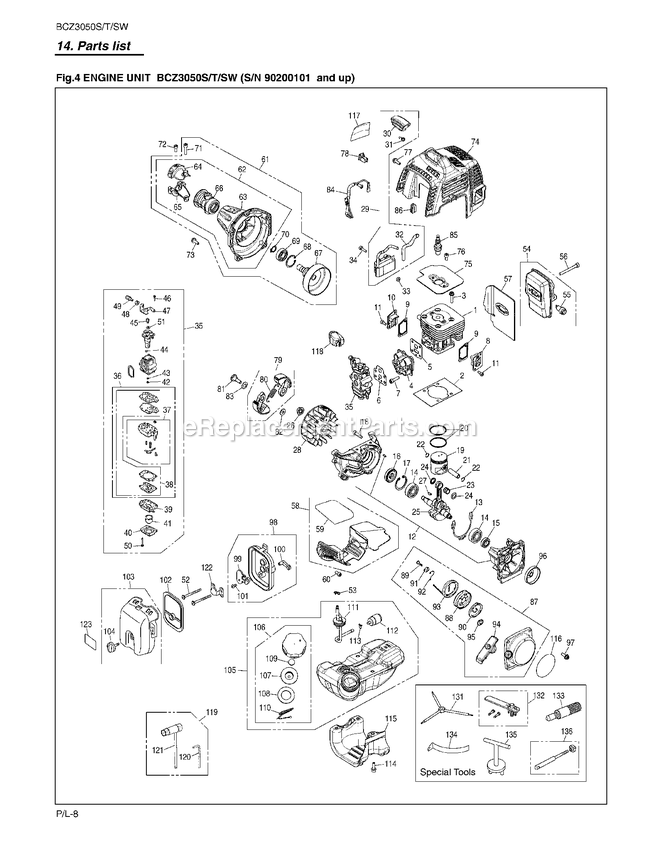 Engine Diagram and Parts List for BCZ3050SW 90200101 - 91000100 RedMax Brush Cutter