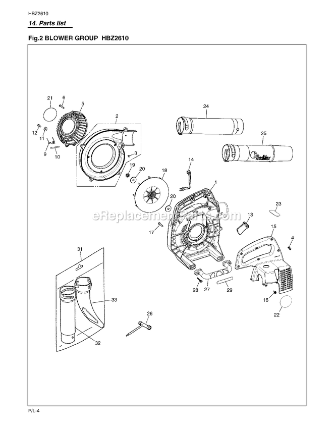 Product Complete Diagram and Parts List for HBZ2610 90100101 AND UP RedMax Leaf Blower / Vacuum