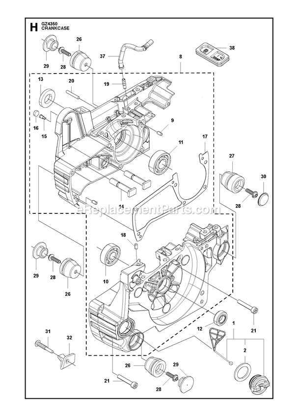 Crankcase Diagram and Parts List for GZ4350  RedMax Chainsaw