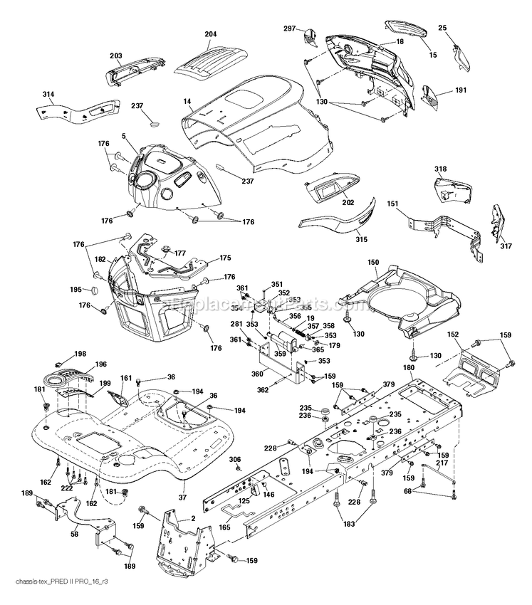 Chassis / Frame Diagram and Parts List for GT2454F (96043023800)(2017-10) RedMax Lawn Tractor