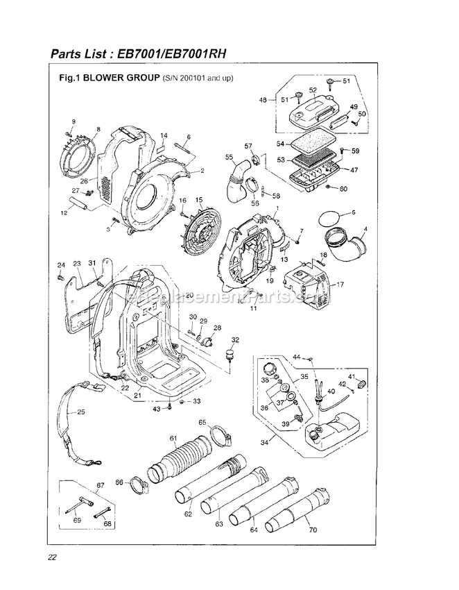 Assembly 2 Diagram and Parts List for EB7001RH 200101 - 40100100 RedMax Leaf Blower / Vacuum