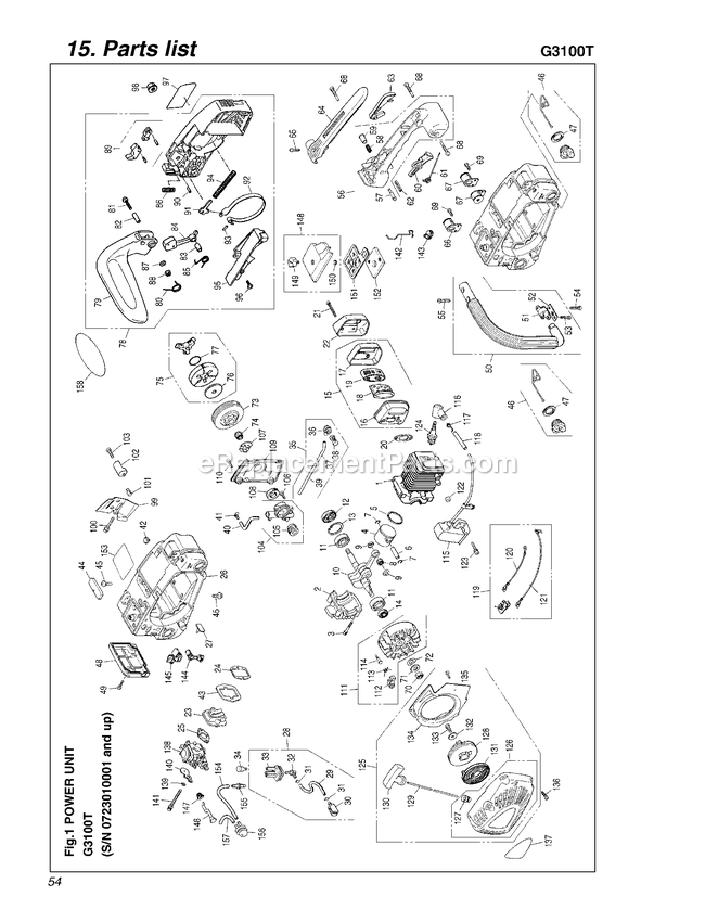 Engine Diagram and Parts List for G3100T 723010001 AND UP RedMax Chainsaw