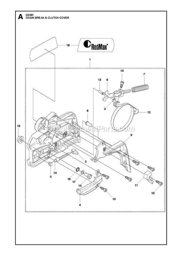 Chain Brake And Clutch Cover Diagram and Parts List for GZ381  RedMax Chainsaw