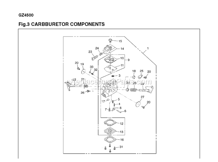 Carburetor Details Diagram and Parts List for GZ4500 600101 AND UP RedMax Chainsaw