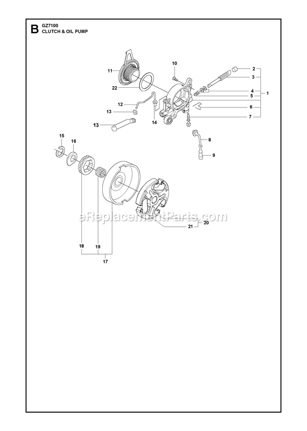 Clutch And Oil Pump Diagram and Parts List for GZ7100  RedMax Chainsaw