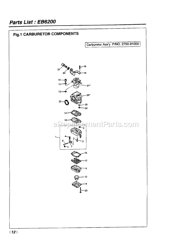 Carburetor Diagram and Parts List for EB6200 826551 AND UP RedMax Leaf Blower / Vacuum