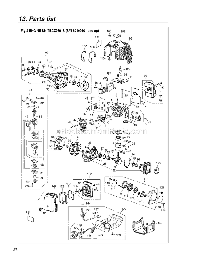 Engine Diagram and Parts List for BCZ2601S 60100101 AND UP RedMax Edger