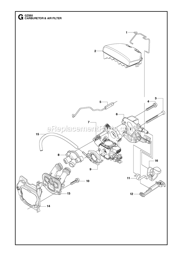 Carburetor And Air Filter Diagram and Parts List for GZ550  RedMax Chainsaw