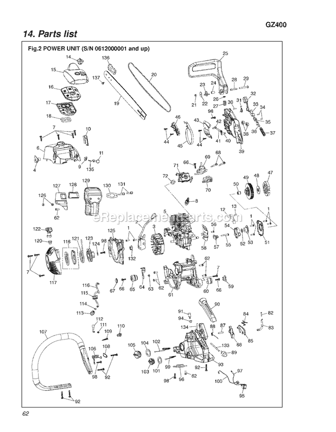 Handle And Controls Diagram and Parts List for GZ400 0612000001 AND UP RedMax Chainsaw
