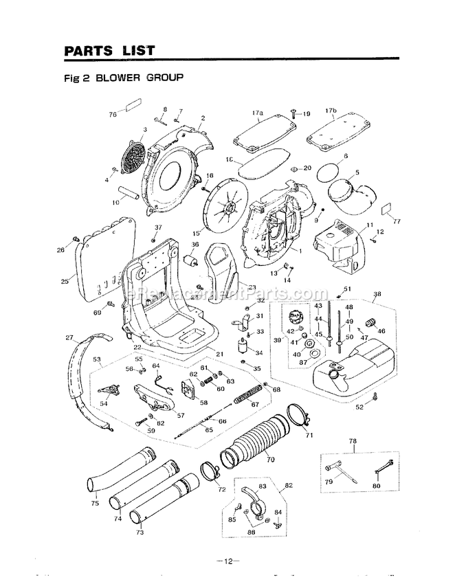 Assembly Diagram and Parts List for EB441 410001 - 599999 RedMax Leaf Blower / Vacuum