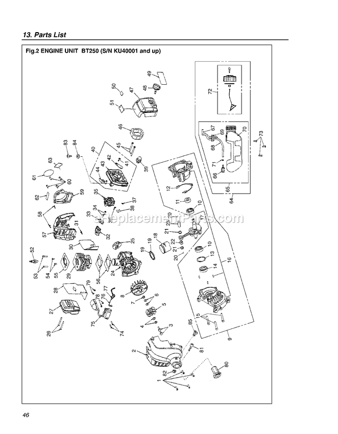 Drive Diagram and Parts List for BT250 KU40001 AND UP RedMax Edger