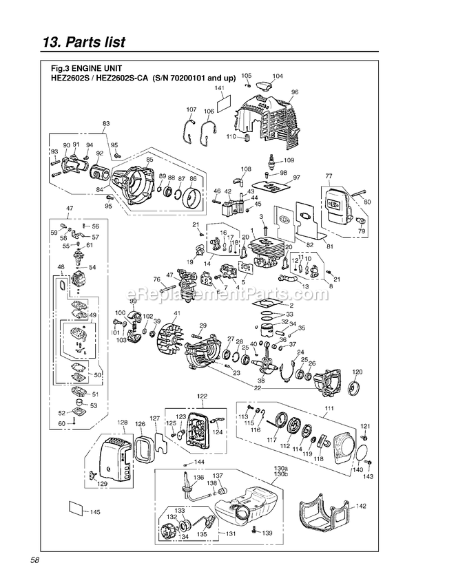 Engine Diagram and Parts List for HEZ2602SCA 70200101 AND UP RedMax Edger