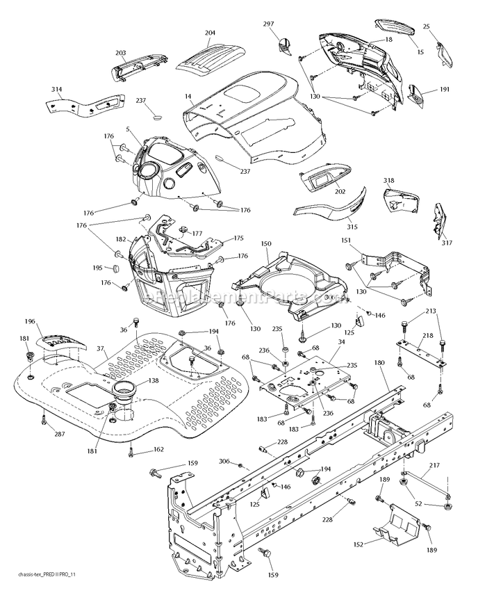 Chassis / Frame Diagram and Parts List for YT1842 (96041044800)(2019-09) RedMax Lawn Tractor