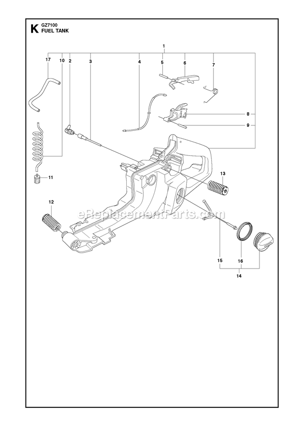 Fuel Tank Diagram and Parts List for GZ7100  RedMax Chainsaw