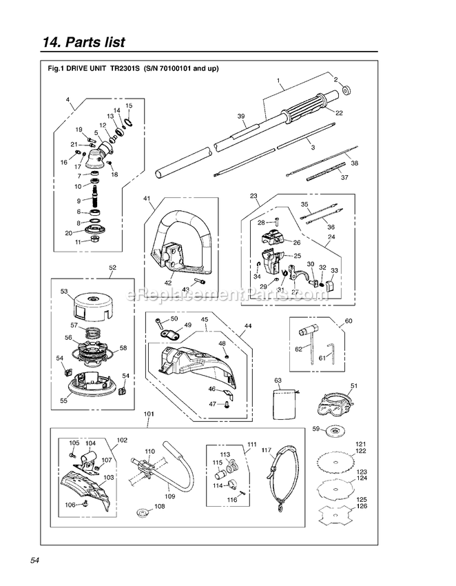 Cutting Equipment Diagram and Parts List for TR2301S 70100101 AND UP RedMax Edger