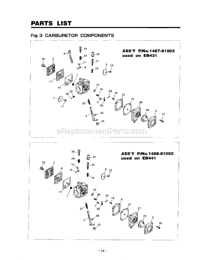 Carburetor Diagram and Parts List for EB431 410001 - 639461 RedMax Leaf Blower / Vacuum