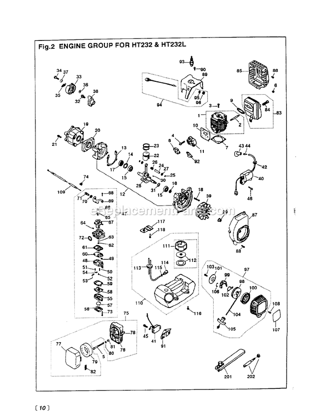 Engine Diagram and Parts List for HT232 000001 AND UP RedMax Hedge Trimmer