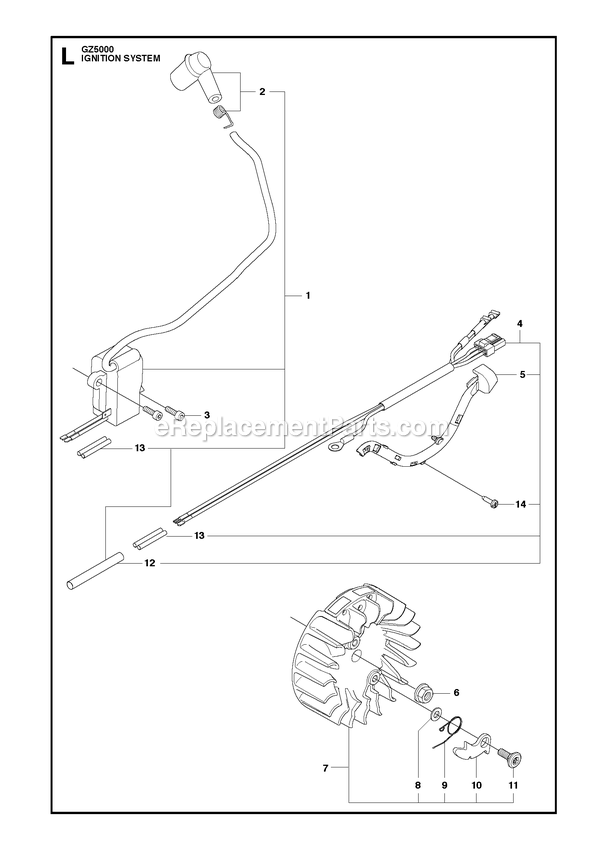 Ignition System Diagram and Parts List for GZ5000  RedMax Chainsaw