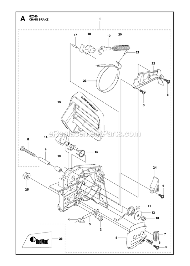 Chain Brake Diagram and Parts List for GZ360  RedMax Chainsaw