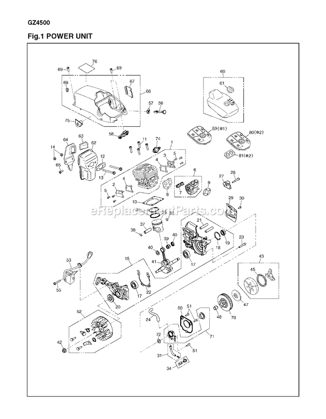 Power Train And Tine Motor Diagram and Parts List for GZ4500 600101 AND UP RedMax Chainsaw