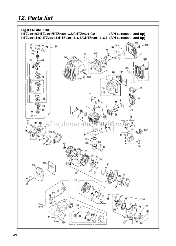 Engine Diagram and Parts List for CHTZ2401CA 60100000 AND UP RedMax Hedge Trimmer