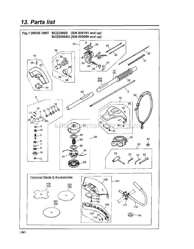 Drive Diagram and Parts List for BCZ2500SU 35208 AND UP RedMax Edger