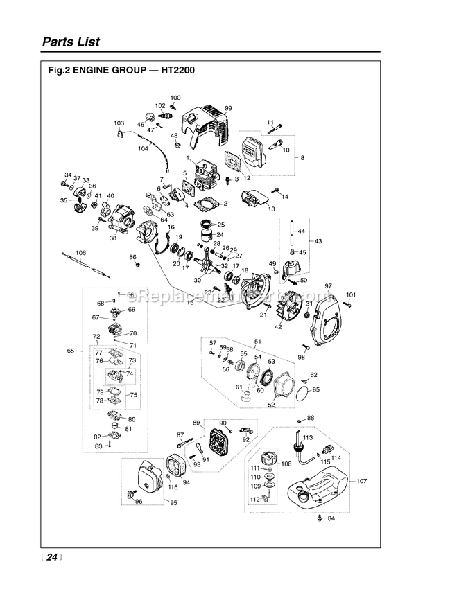 Engine Diagram and Parts List for HT2200 50100000 AND UP RedMax Hedge Trimmer