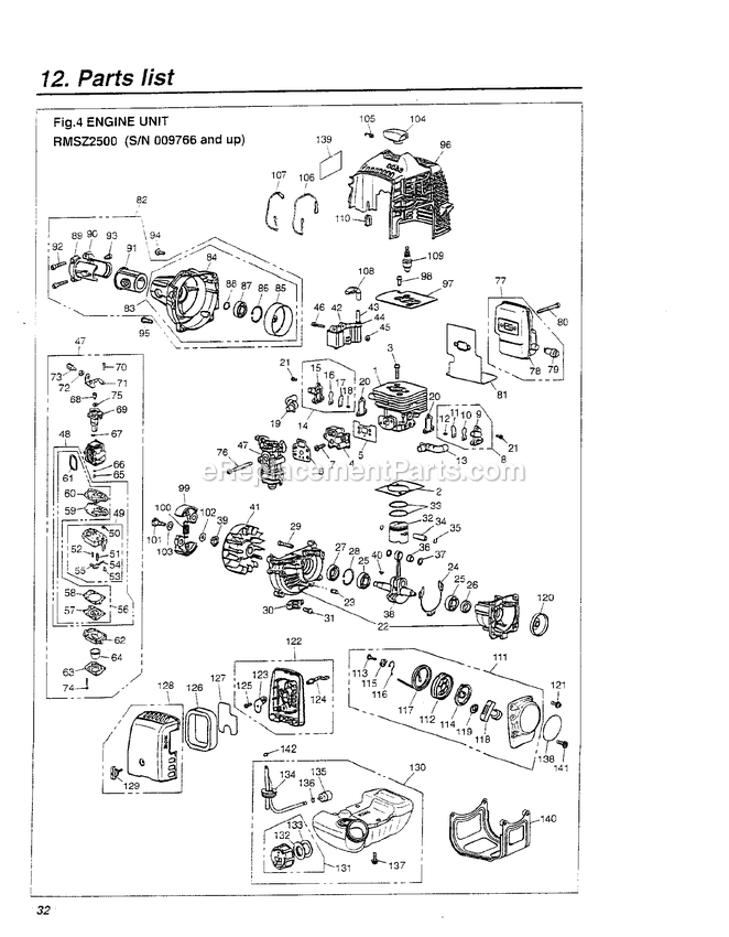 Engine Diagram and Parts List for RMNBZ2500 09766 AND UP RedMax Leaf Blower / Vacuum