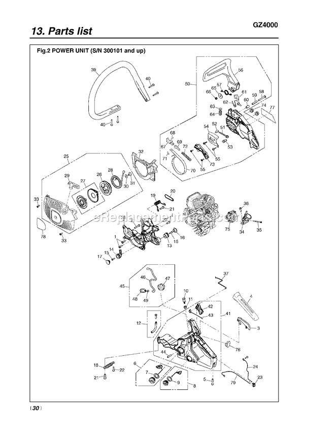 Engine 2 Diagram and Parts List for GZ4000 300101 - 720400 RedMax Chainsaw