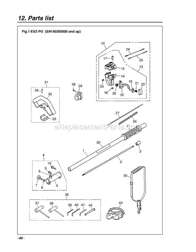 Shaft Diagram and Parts List for EXZ2401S-PU 60100000 AND UP RedMax Edger