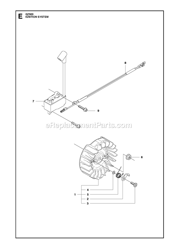 Ignition System Diagram and Parts List for GZ500  RedMax Chainsaw