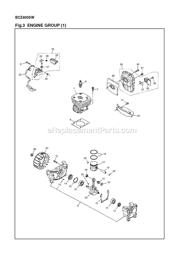 Engine Diagram and Parts List for BCZ400SW (966785601)(000001 AND UP) RedMax Brush Cutter