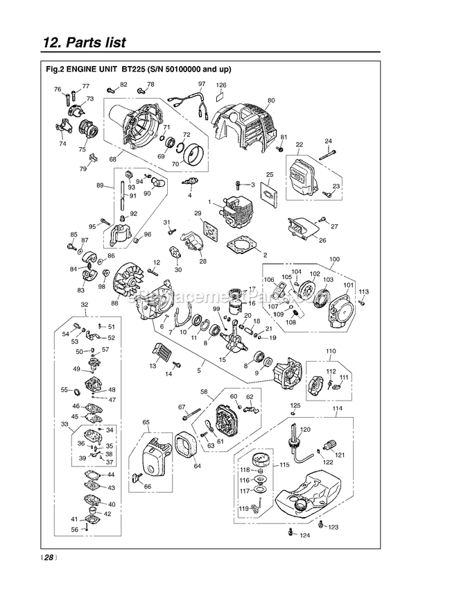 Engine Diagram and Parts List for BT225 50100000 AND UP RedMax Edger