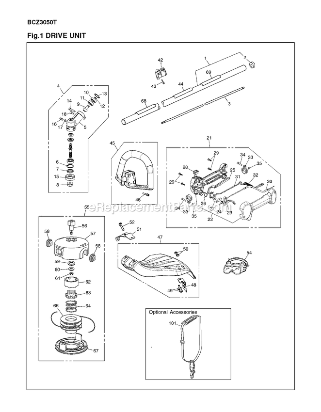 Drive Diagram and Parts List for BCZ3050T 91000101 AND UP RedMax Edger