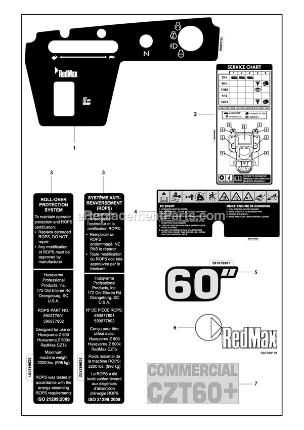 Decals 1 Diagram and Parts List for CZT60+  RedMax Lawn Tractor