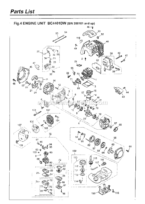 Engine Diagram and Parts List for BC4401DW 200101 AND UP RedMax Brush Cutter