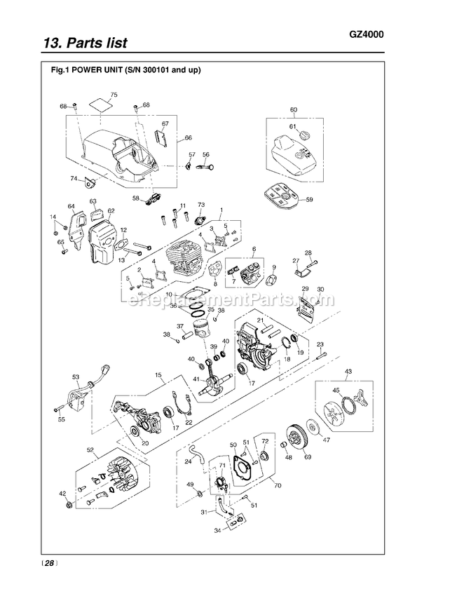 Engine 1 Diagram and Parts List for GZ4000 300101 - 720400 RedMax Chainsaw