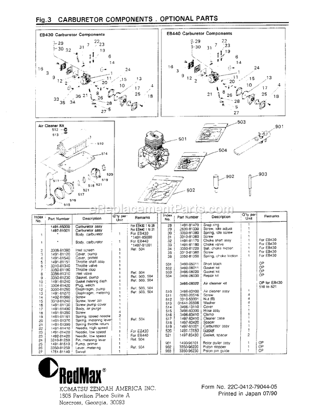 Carburetor Diagram and Parts List for EB430 700001 AND UP RedMax Leaf Blower / Vacuum