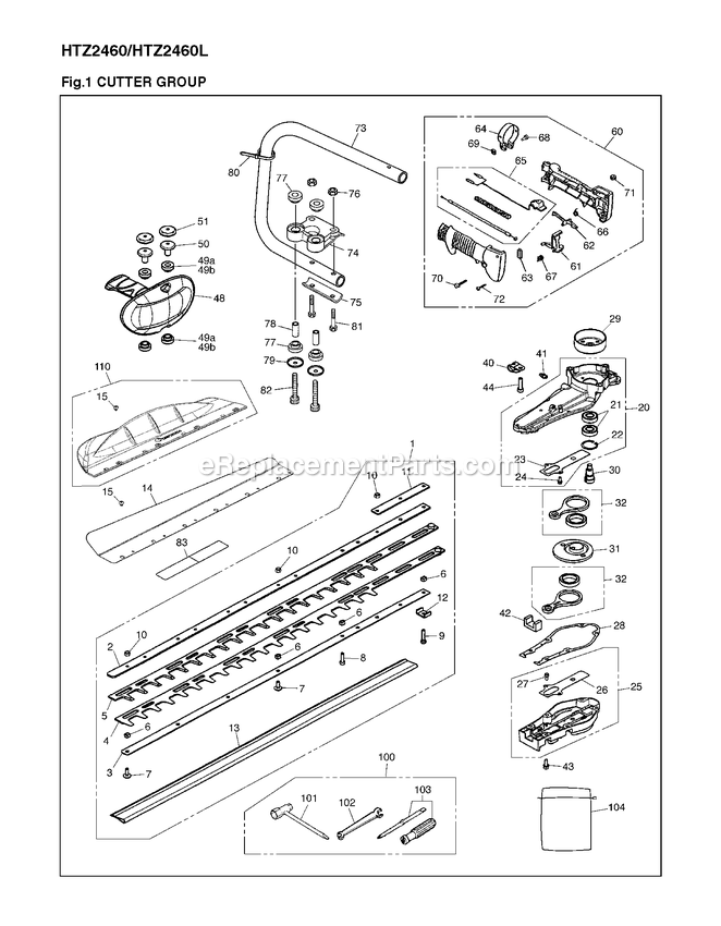 Drive Diagram and Parts List for HTZ2460L 00100101 AND UP RedMax Hedge Trimmer