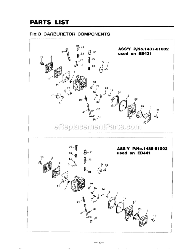 Carburetor Diagram and Parts List for EB441 410001 - 599999 RedMax Leaf Blower / Vacuum