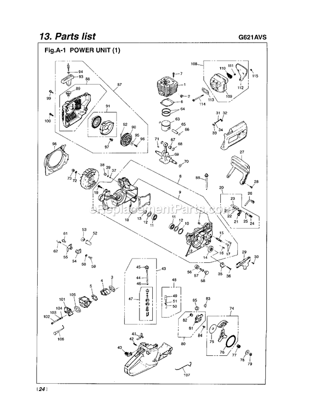 Engine 1 Diagram and Parts List for G621AVS 200101 - 330137 RedMax Chainsaw